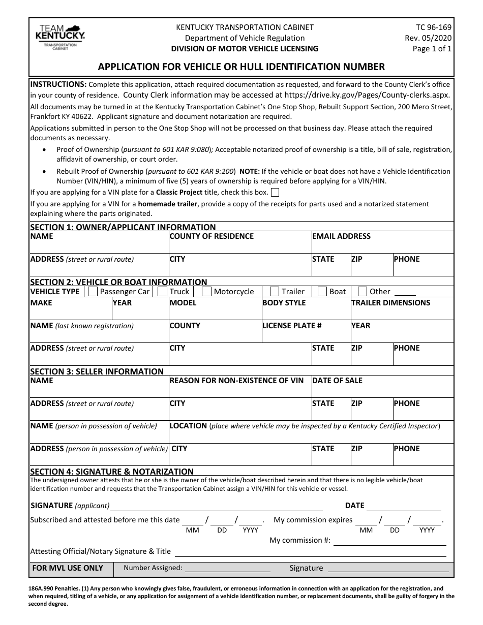 Form TC96-169 Application for Vehicle or Hull Identification Number - Kentucky, Page 1
