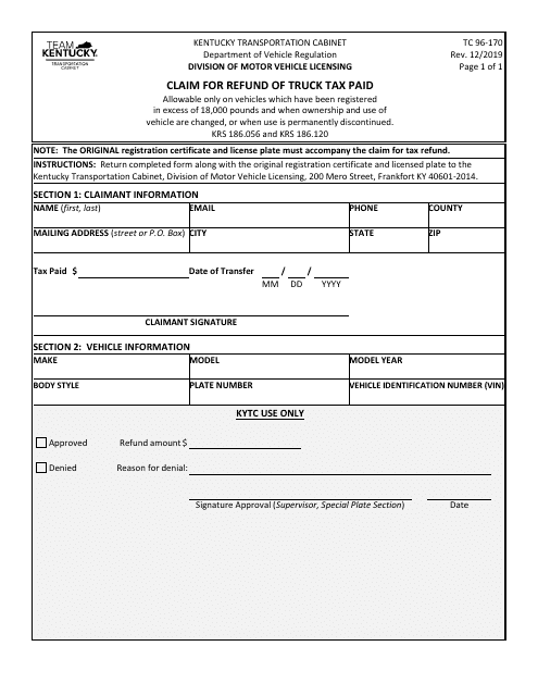 Form TC96-170 Claim for Refund of Truck Tax Paid - Kentucky