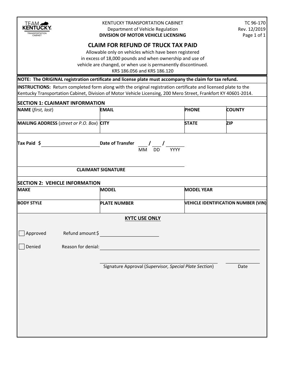 Form TC96-170 Claim for Refund of Truck Tax Paid - Kentucky, Page 1