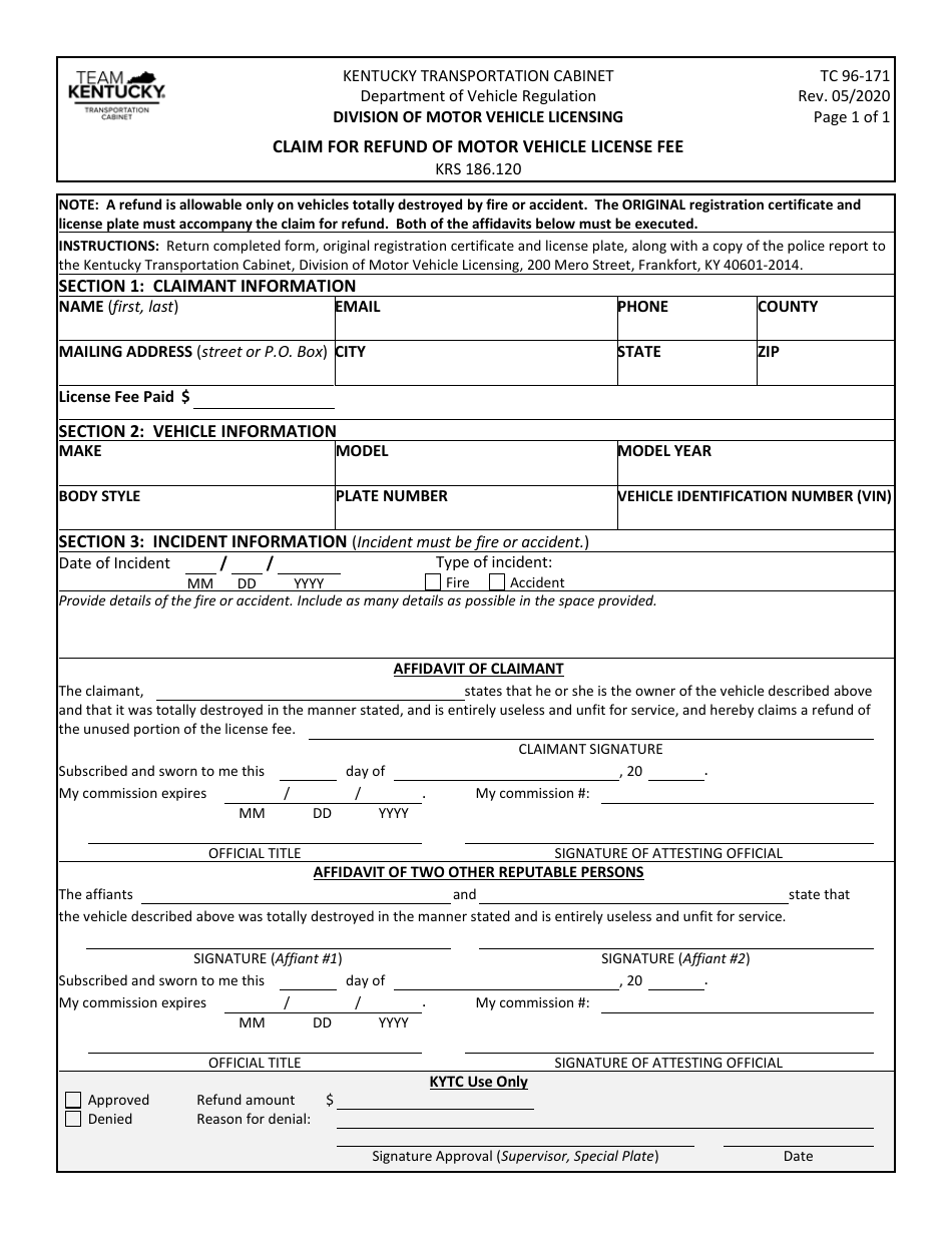 Form TC96-171 Claim for Refund of Motor Vehicle License Fee - Kentucky, Page 1