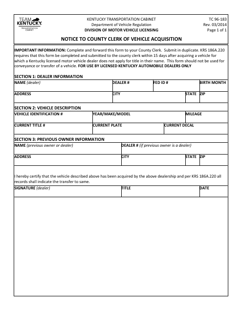 Form TC96-183 Notice to County Clerk of Vehicle Acquisition - Kentucky