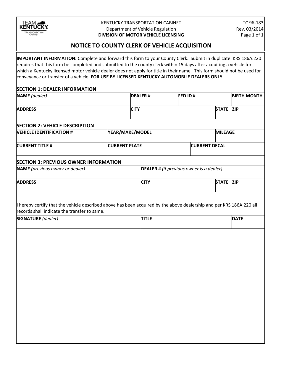 Form TC96-183 Notice to County Clerk of Vehicle Acquisition - Kentucky, Page 1