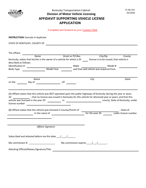Form TC96-191 Affidavit Supporting Vehicle License Application - Kentucky