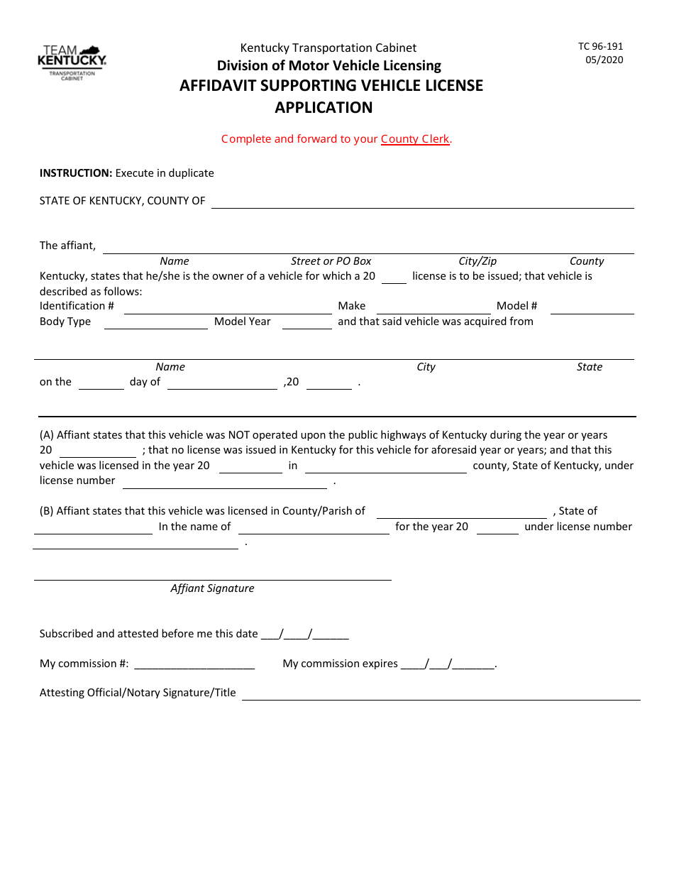 Form TC96-191 Affidavit Supporting Vehicle License Application - Kentucky, Page 1