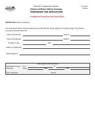 Document preview: Form TC96-209 Temporary Tag Application - Kentucky