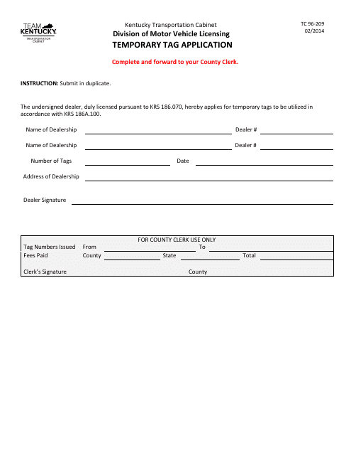 Form TC96-209 Temporary Tag Application - Kentucky