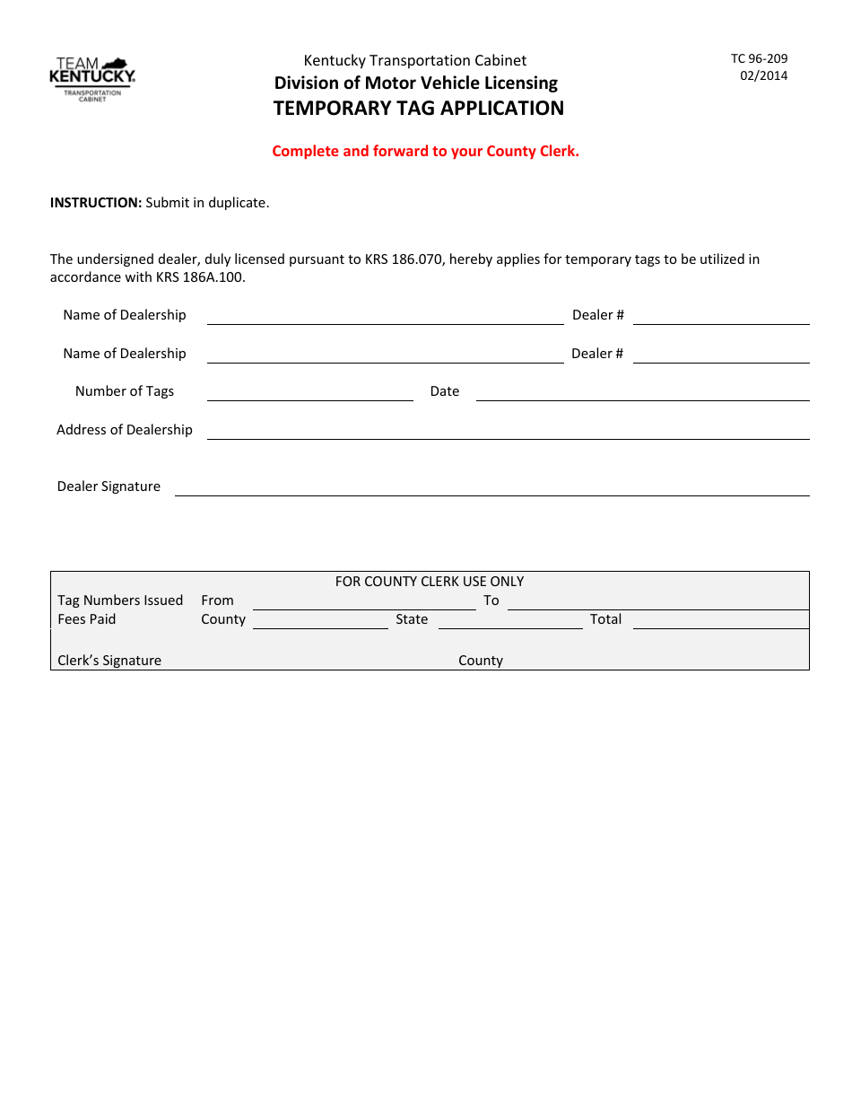 Form TC96-209 Temporary Tag Application - Kentucky, Page 1