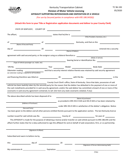 Form TC96-192 Affidavit Supporting Repossession and Disposition of a Vehicle - Kentucky