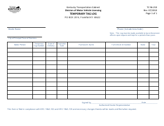 Document preview: Form TC96-210 Temporary Tag Log - Kentucky