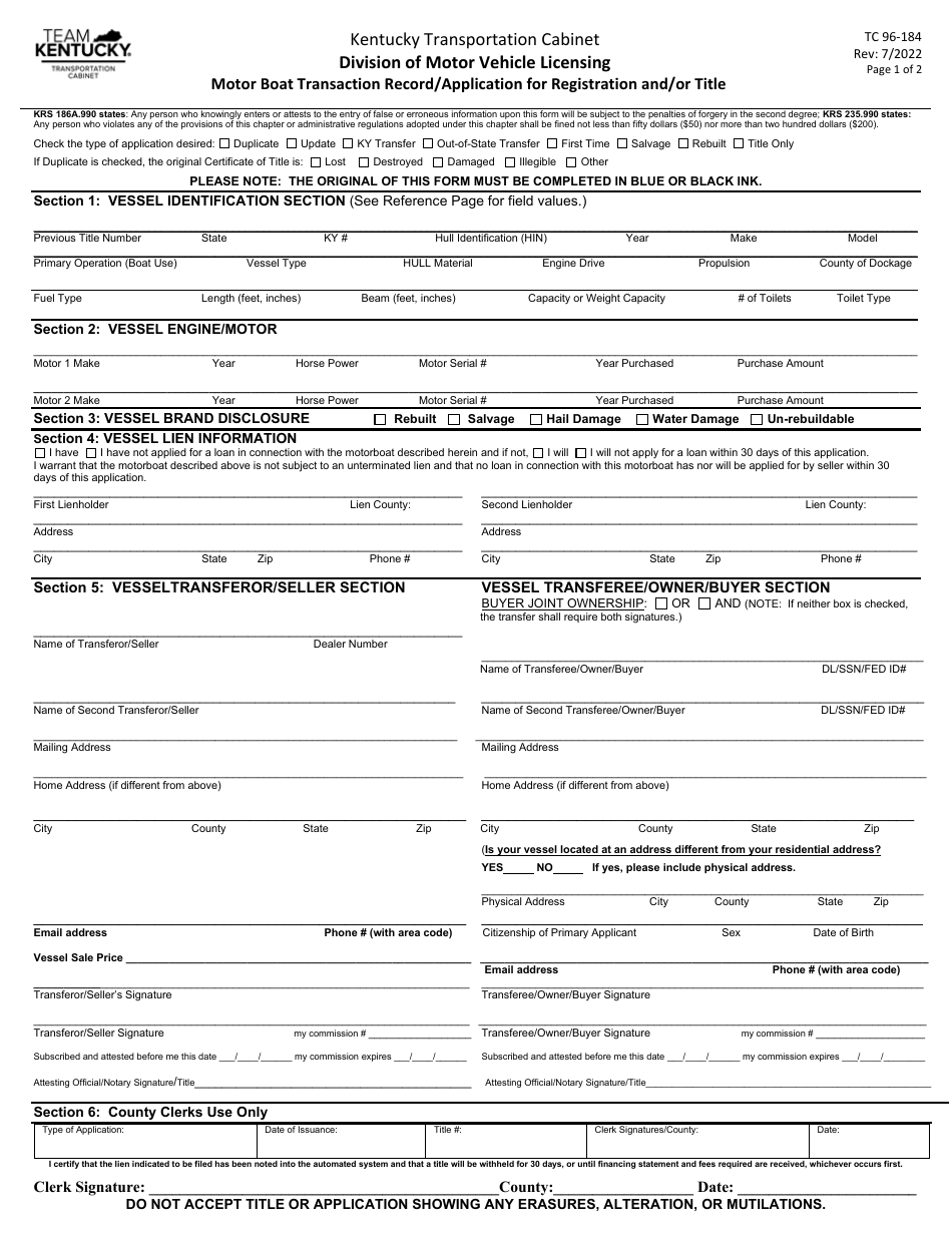 Form TC96-184 Motor Boat Transaction Record / Application for Title and / or Registration - Kentucky, Page 1