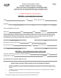 Document preview: Form TC96-217 Application for Disabled Veterans Free Certificate of Registration and License Plates - Kentucky