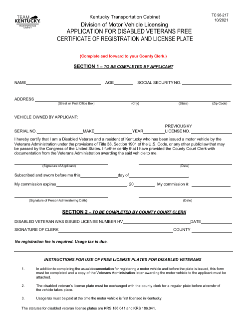 Form TC96-217 Application for Disabled Veterans Free Certificate of Registration and License Plates - Kentucky