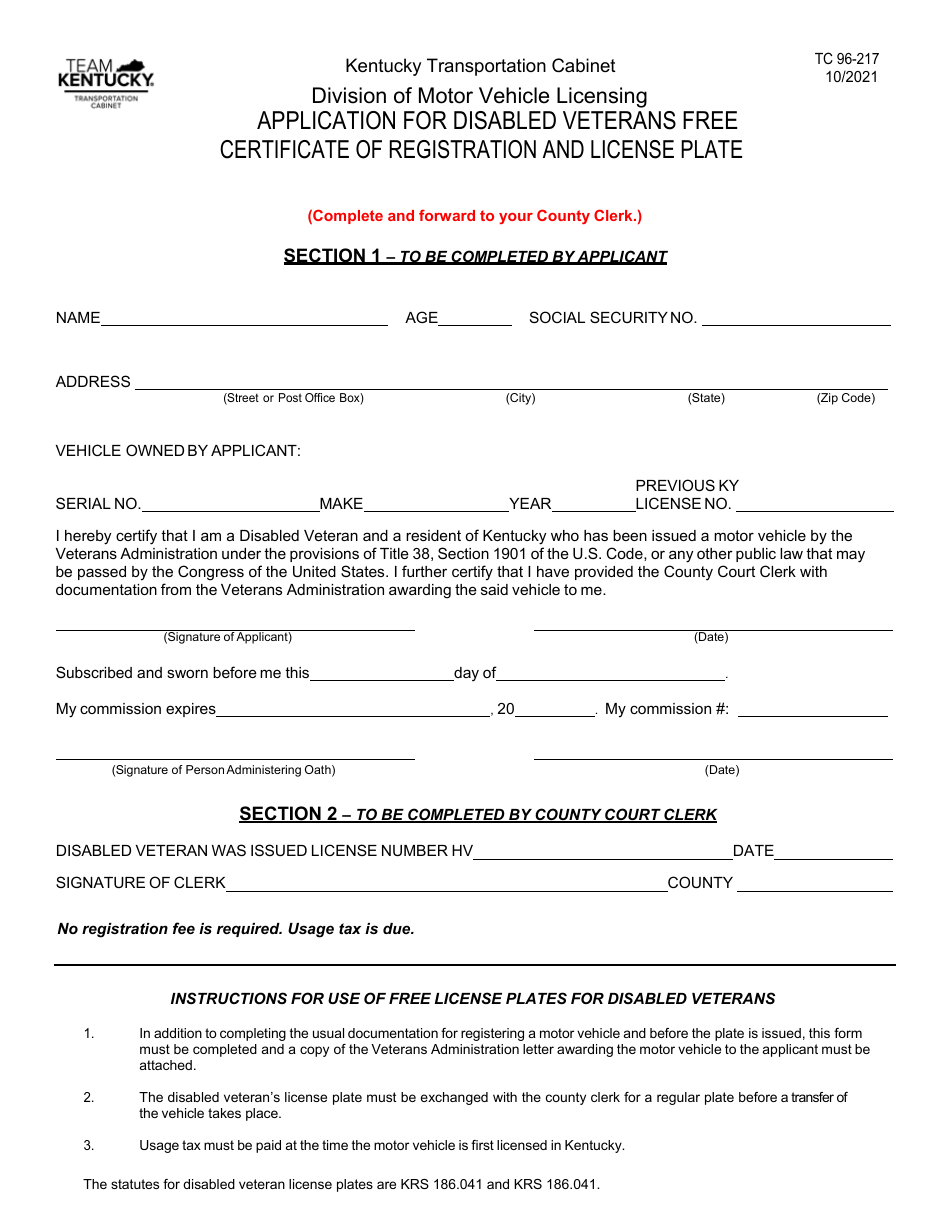 Form TC96-217 Application for Disabled Veterans Free Certificate of Registration and License Plates - Kentucky, Page 1