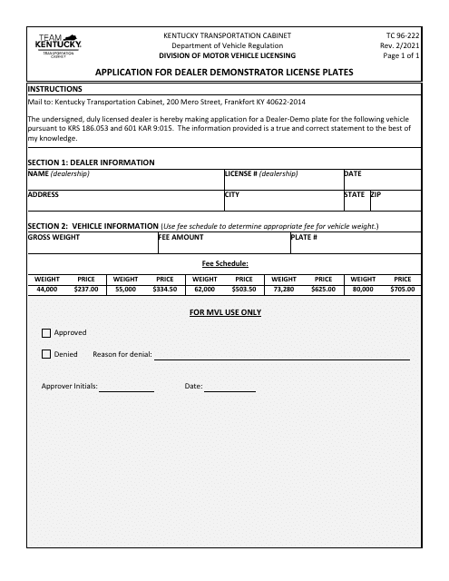 Form TC96-222 Application for Dealer Demonstrator License Plates - Kentucky