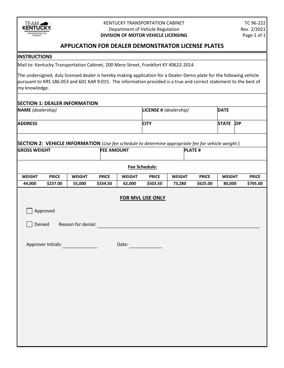 Form TC96-222 Application for Dealer Demonstrator License Plates - Kentucky, Page 1