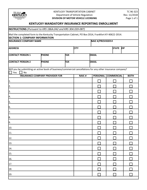 Form TC96-323 Kentucky Mandatory Insurance Reporting Enrollment - Kentucky