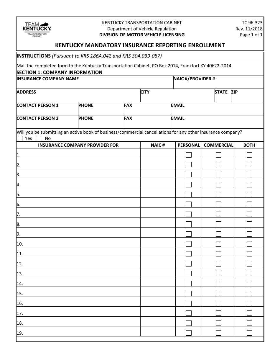 Form TC96-323 Kentucky Mandatory Insurance Reporting Enrollment - Kentucky, Page 1