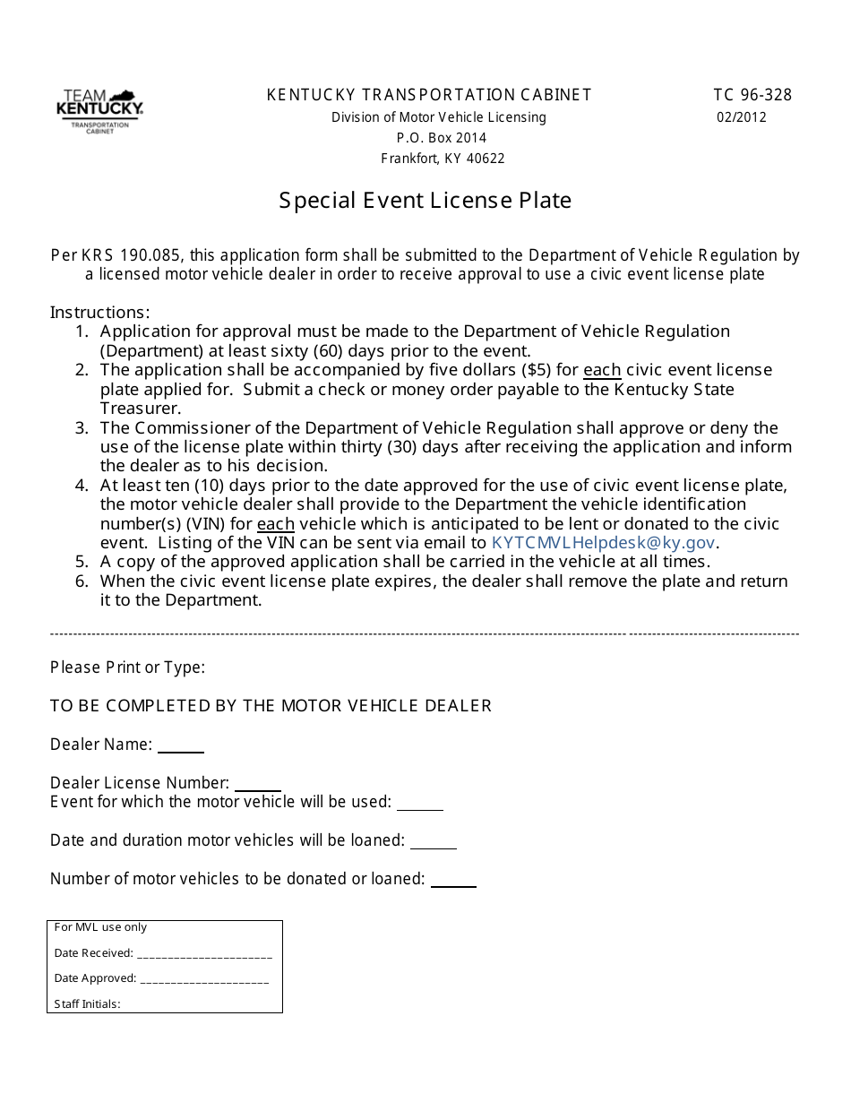 Form TC96-328 Special Event License Plate - Kentucky, Page 1