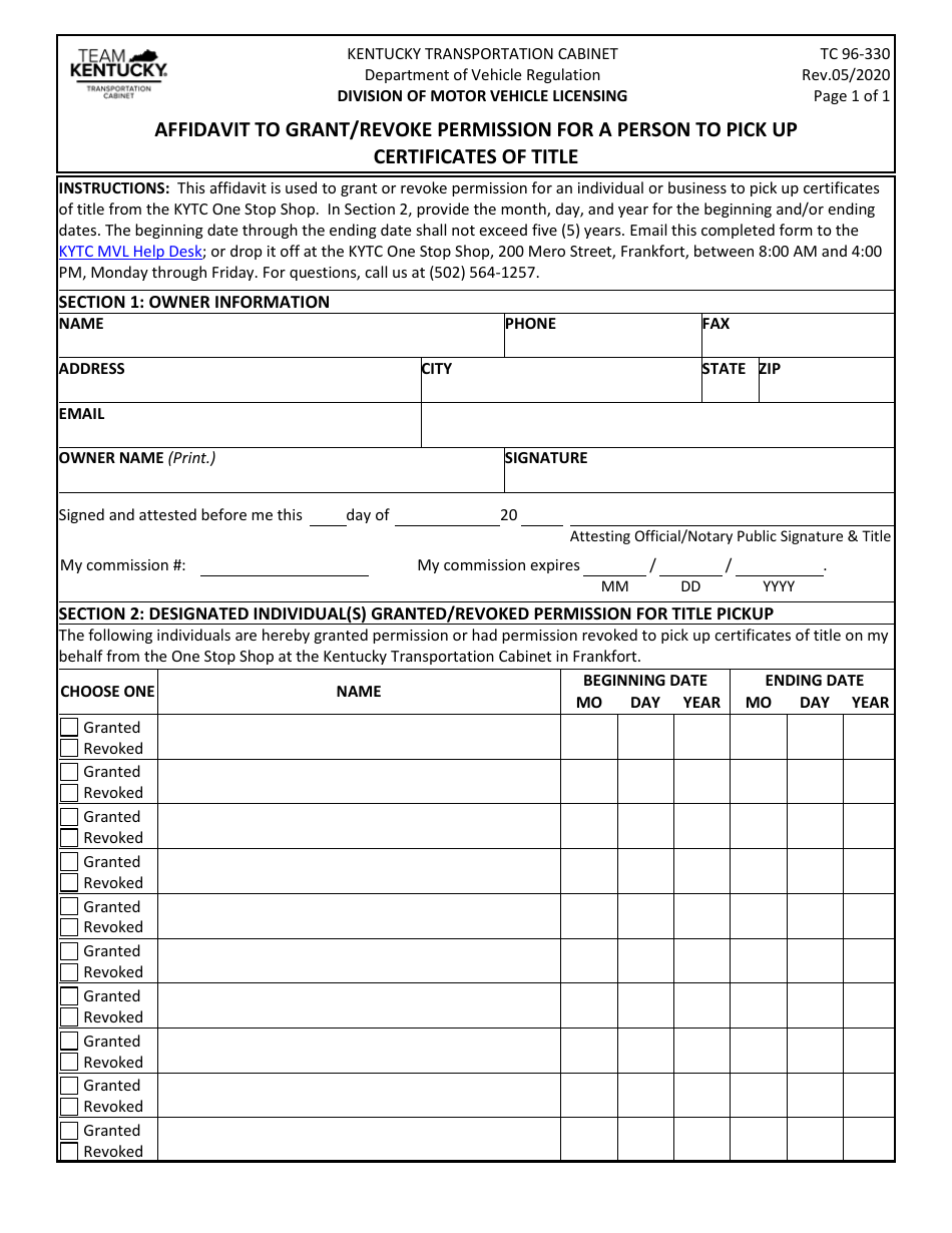 Form TC96-330 Affidavit to Grant / Revoke Permission for a Person to Pick up Certificates of Title - Kentucky, Page 1