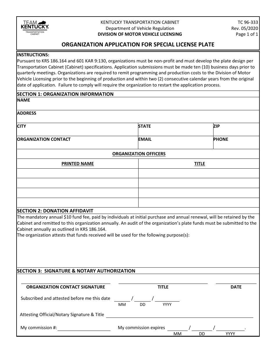 Form TC96-333 Organization Application for Special License Plate - Kentucky, Page 1