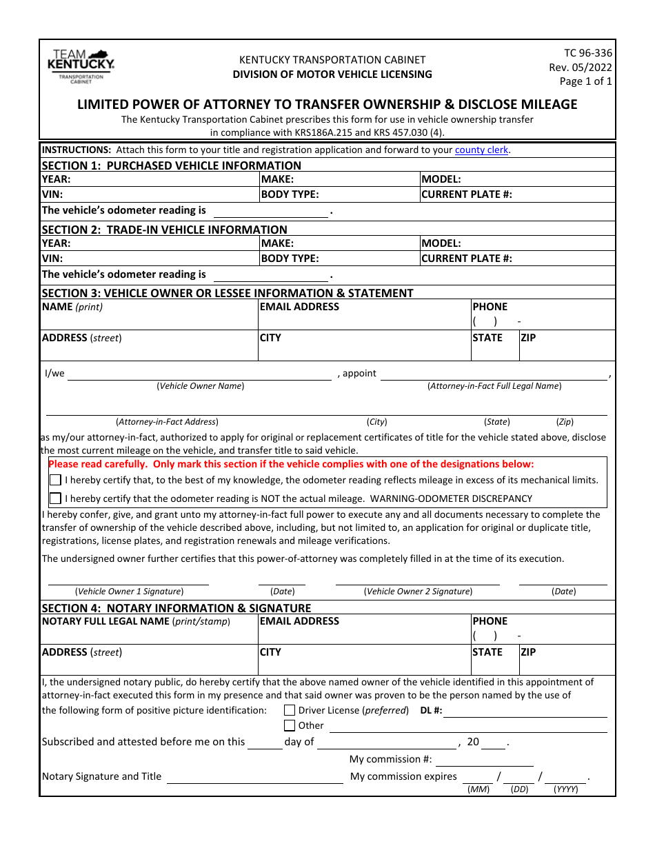 Form TC96-336 Limited Power of Attorney to Transfer Ownership  Disclose Mileage - Kentucky, Page 1