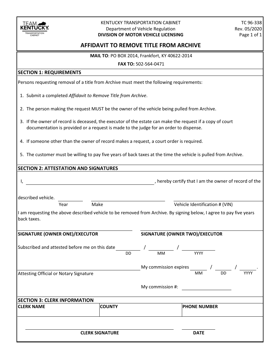 Form TC96-338 Affidavit to Remove Title From Archive - Kentucky, Page 1