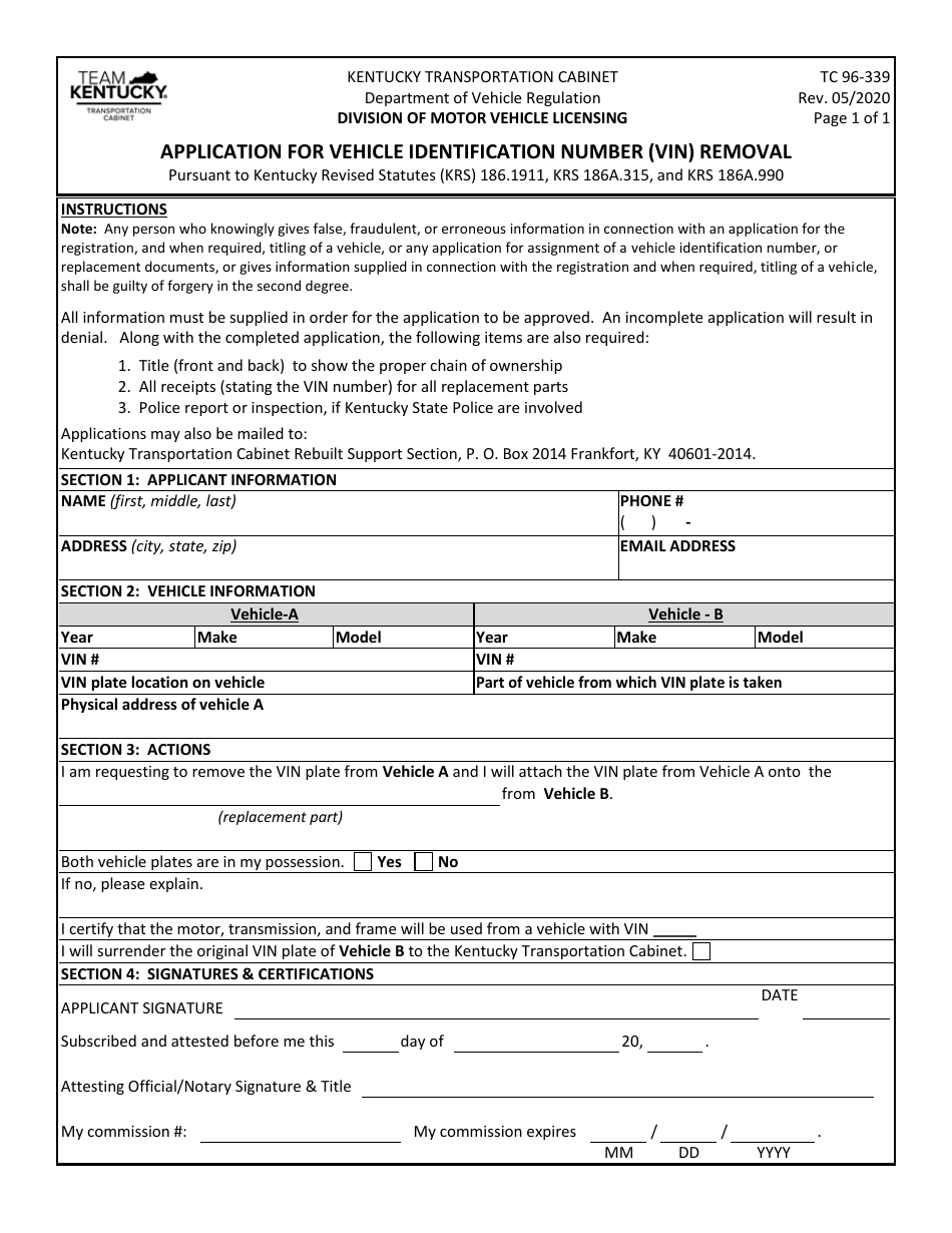 Form TC96-339 Application for Vehicle Identification Number (Vin) Removal - Kentucky, Page 1