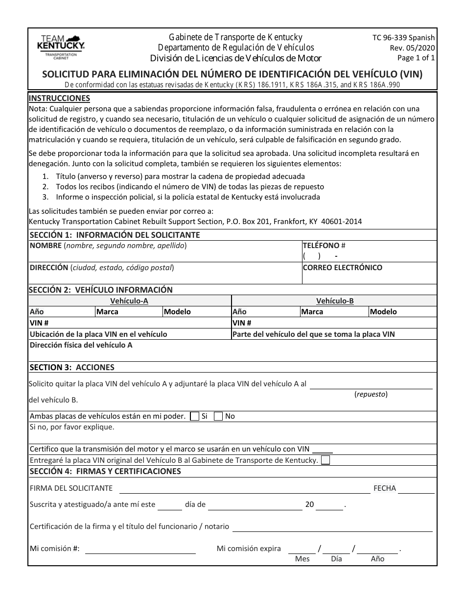 Formulario TC96-339 SPANISH Solicitud Para Eliminacion Del Numero De Identificacion Del Vehiculo (Vin) - Kentucky (Spanish), Page 1