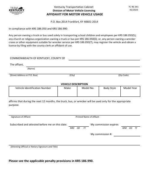 Form TC96-341 Affidavit for Motor Vehicle Usage - Kentucky
