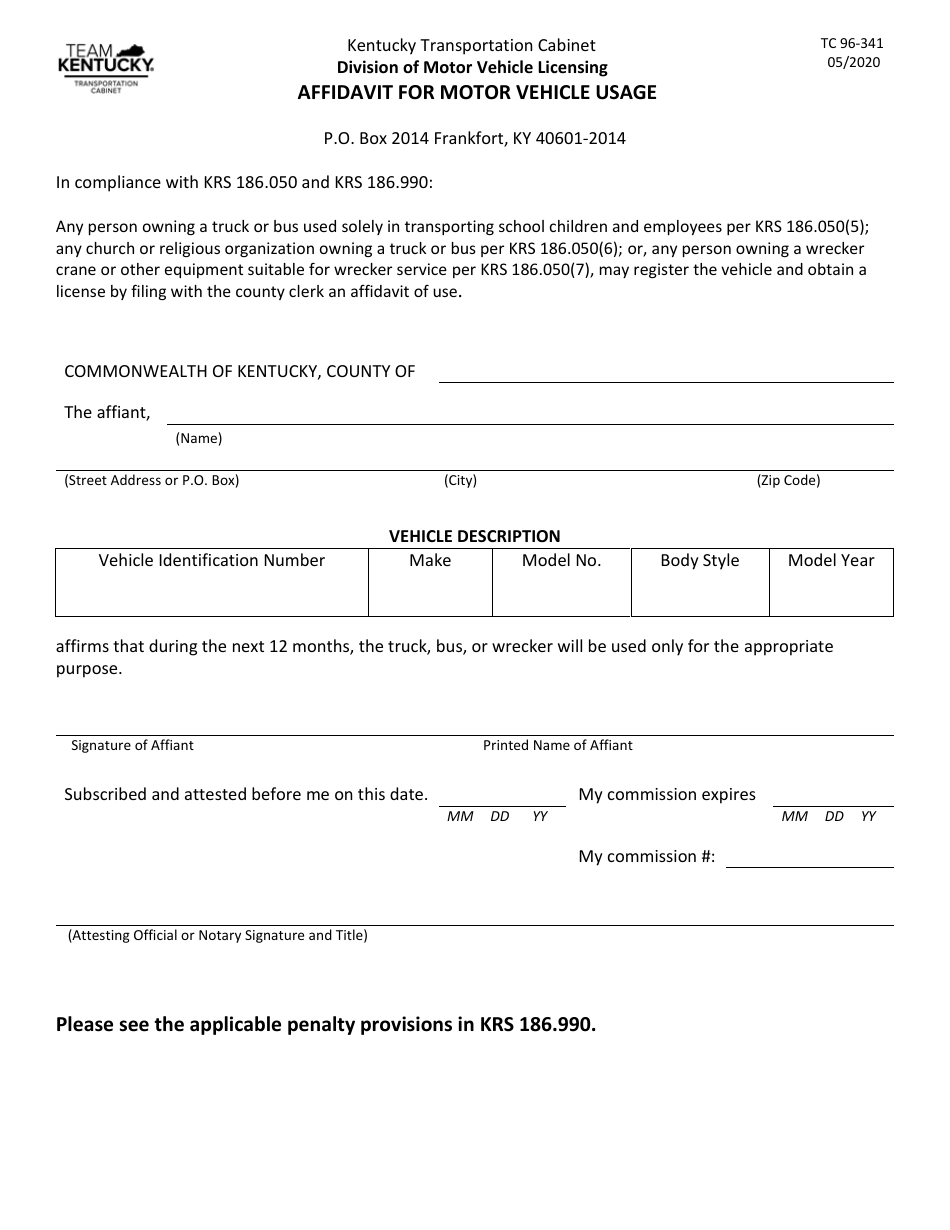 Form TC96-341 Affidavit for Motor Vehicle Usage - Kentucky, Page 1