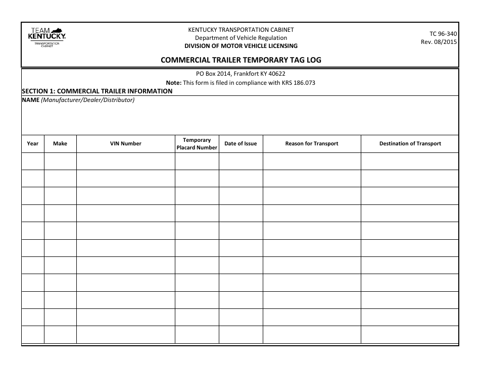 Form TC96-340 Commercial Trailer Temporary Tag Log - Kentucky, Page 1