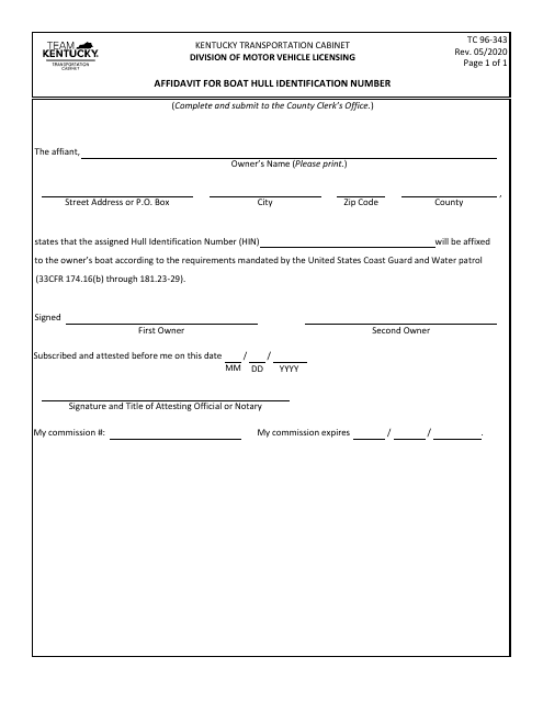 Form TC96-343 Affidavit for Boat Hull Identification Number - Kentucky