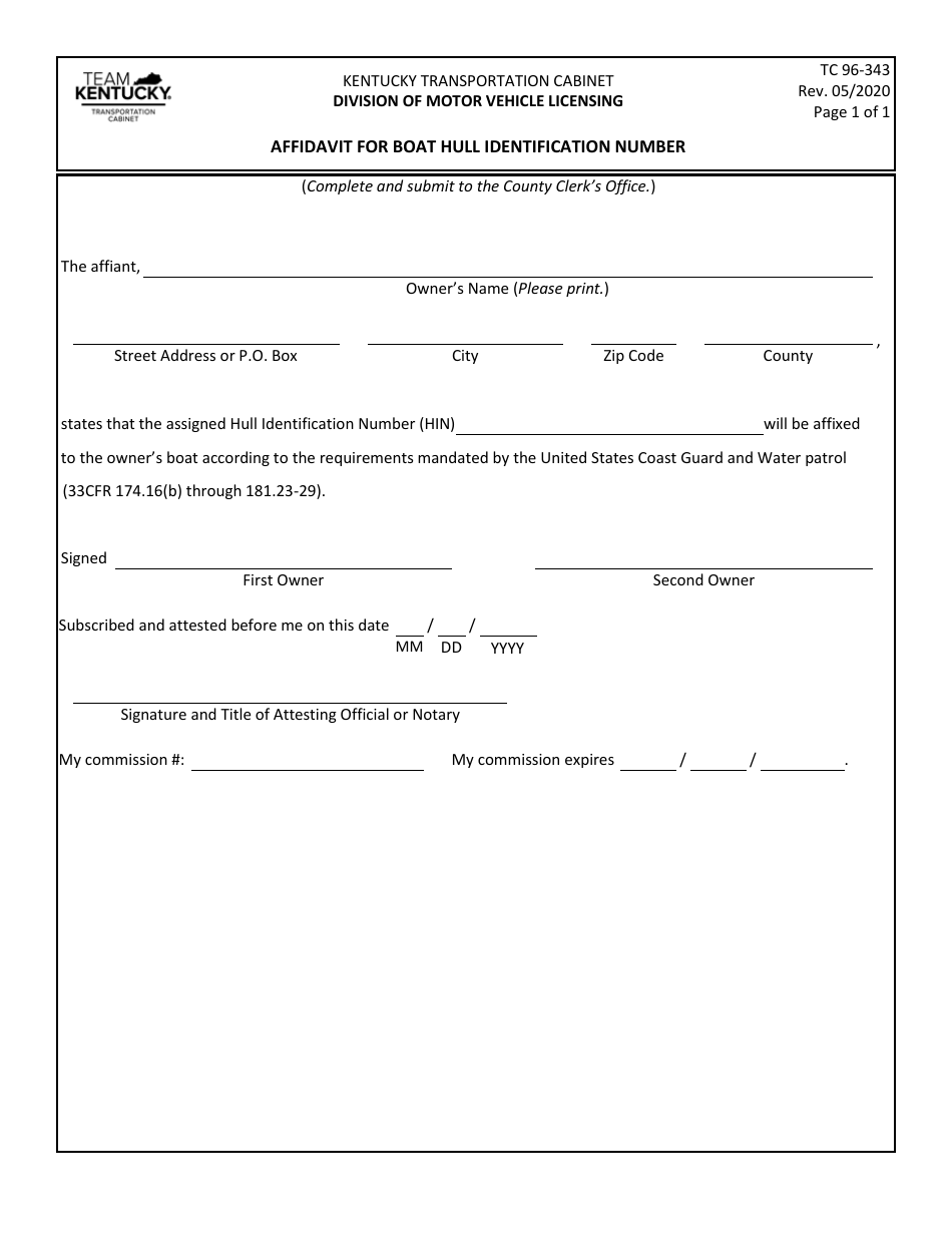 Form TC96-343 Affidavit for Boat Hull Identification Number - Kentucky, Page 1