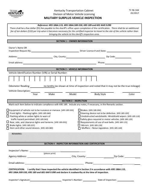 Form TC96-344 Military Surplus Vehicle Inspection - Kentucky