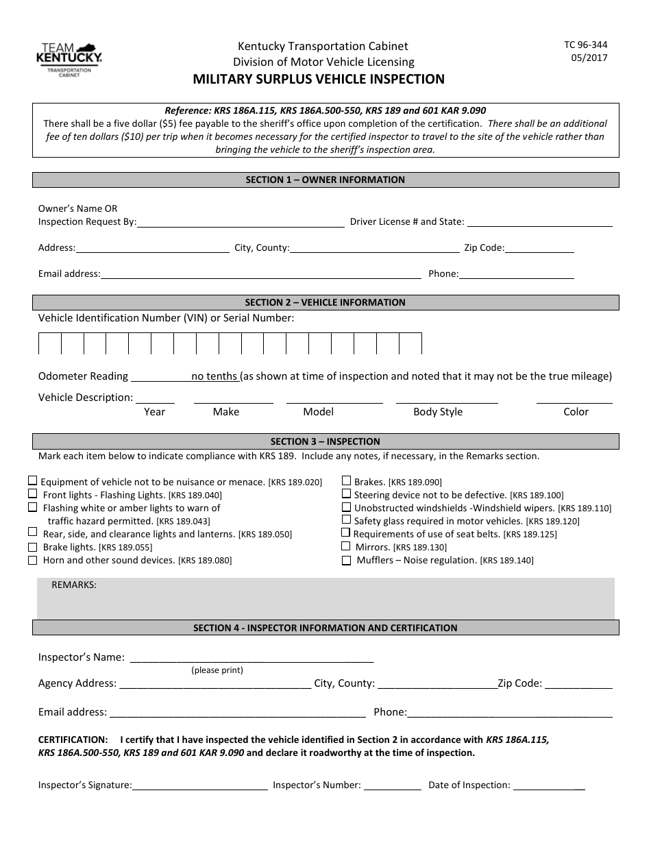 Form TC96-344 Military Surplus Vehicle Inspection - Kentucky, Page 1