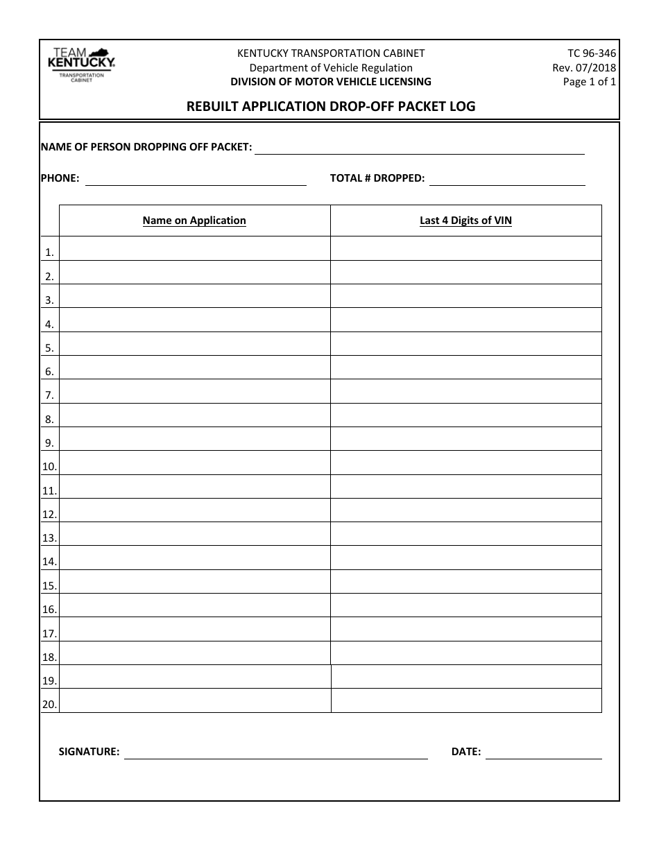 Form TC96-346 Rebuilt Application Drop-Off Packet Log - Kentucky, Page 1
