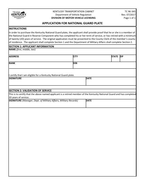 Form TC96-345 Application for National Guard Plate - Kentucky