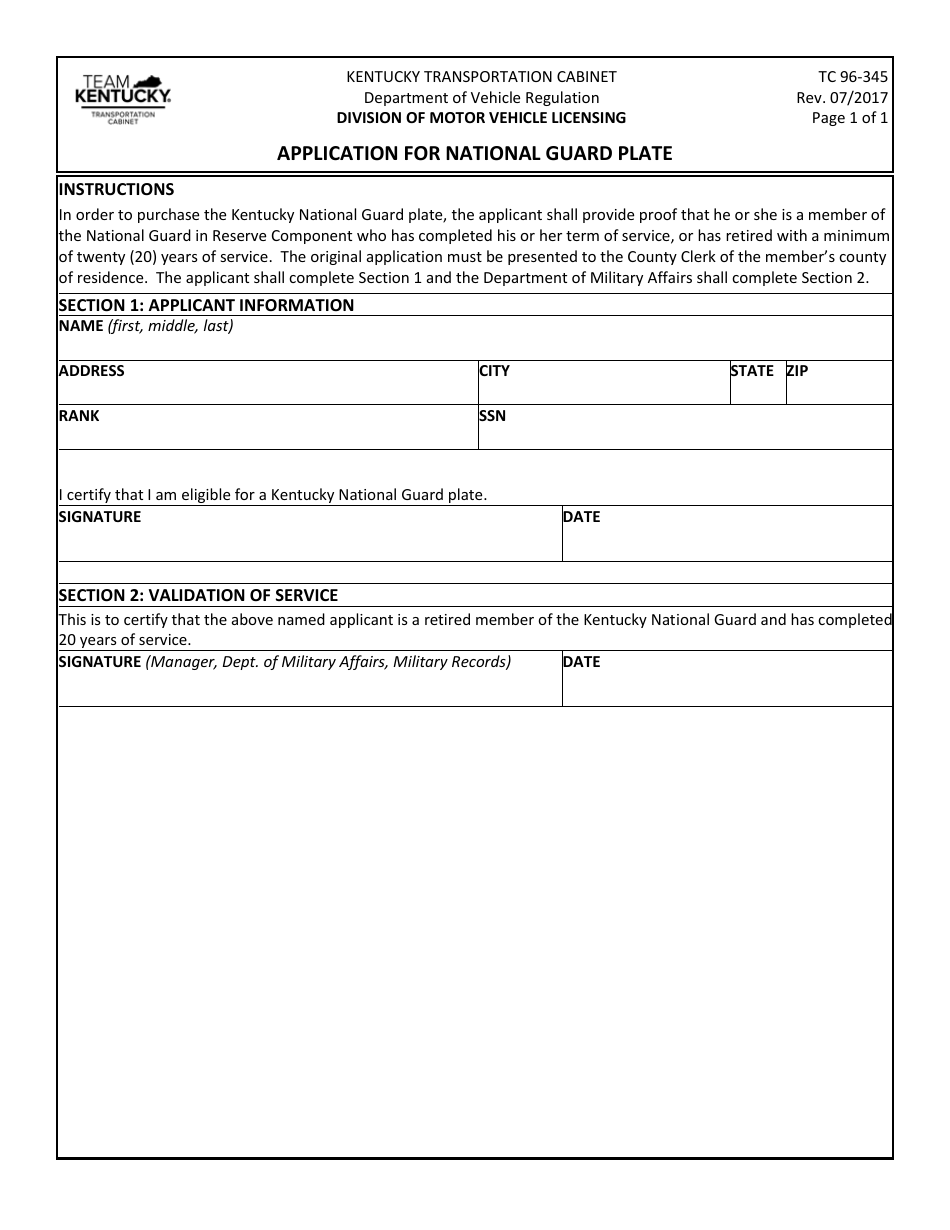 Form TC96-345 Application for National Guard Plate - Kentucky, Page 1