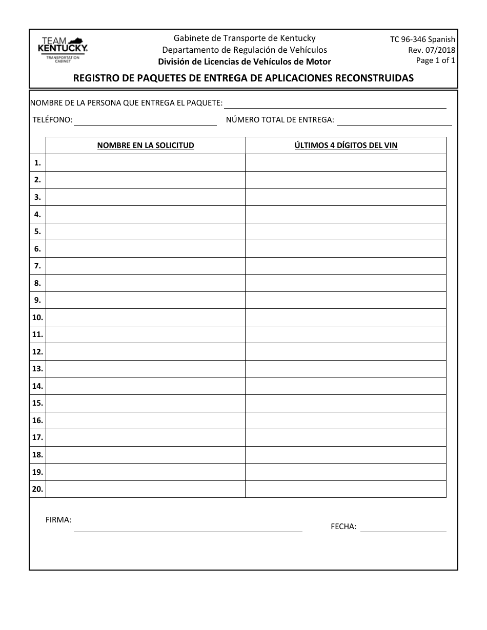 Formulario TC96-346 SPANISH Registro De Paquetes De Entrega De Aplicaciones Reconstruidas - Kentucky (Spanish), Page 1