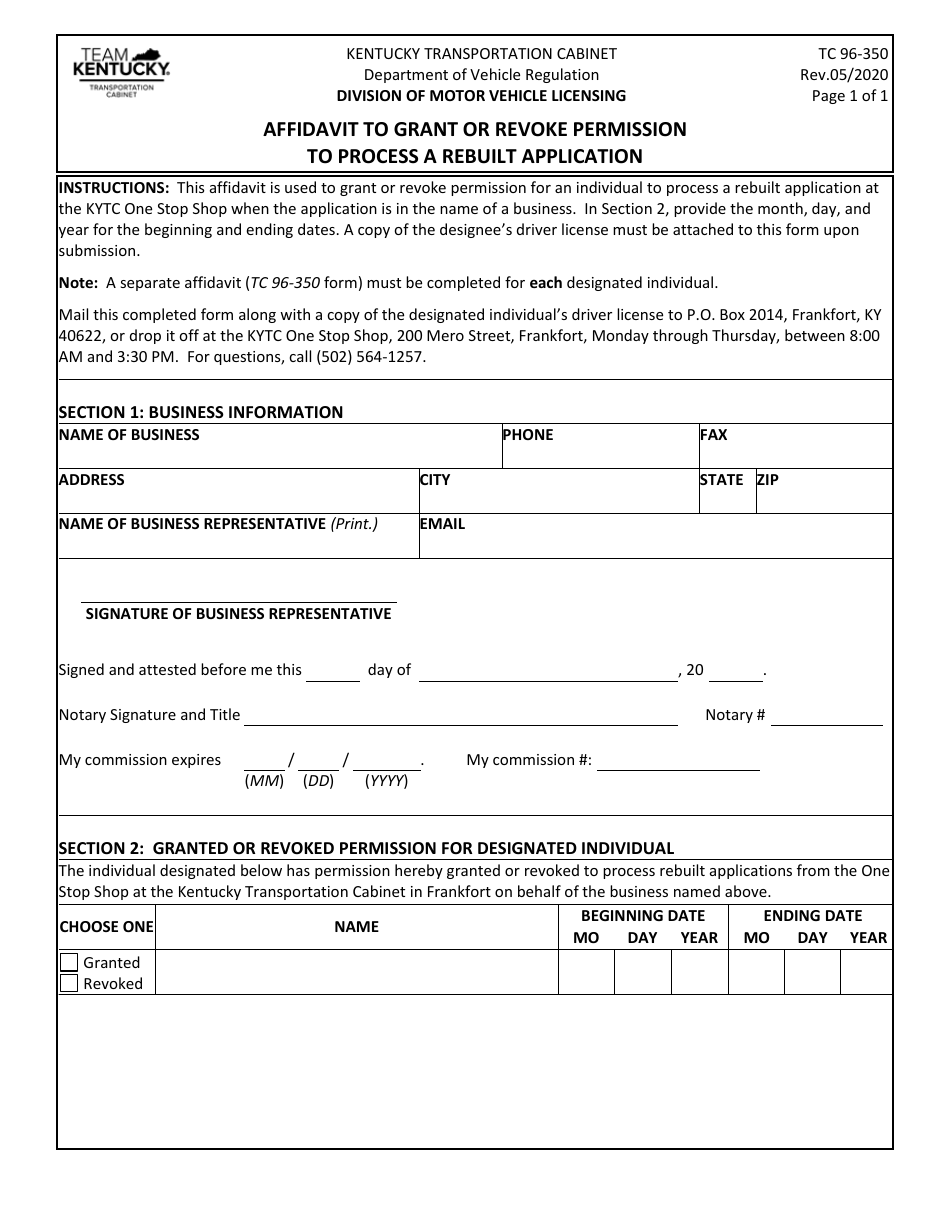 Form TC96-350 Affidavit to Grant or Revoke Permission to Process a Rebuilt Application - Kentucky, Page 1