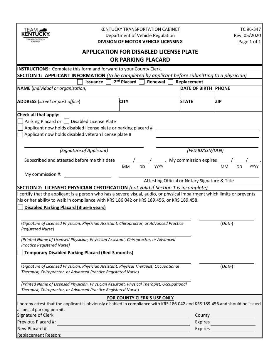 Form TC96-347 Application for Disabled License Plate or Parking Placard - Kentucky, Page 1