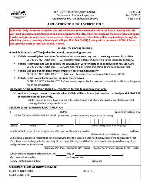 Form TC96-351 Application to Junk a Vehicle Title - Kentucky