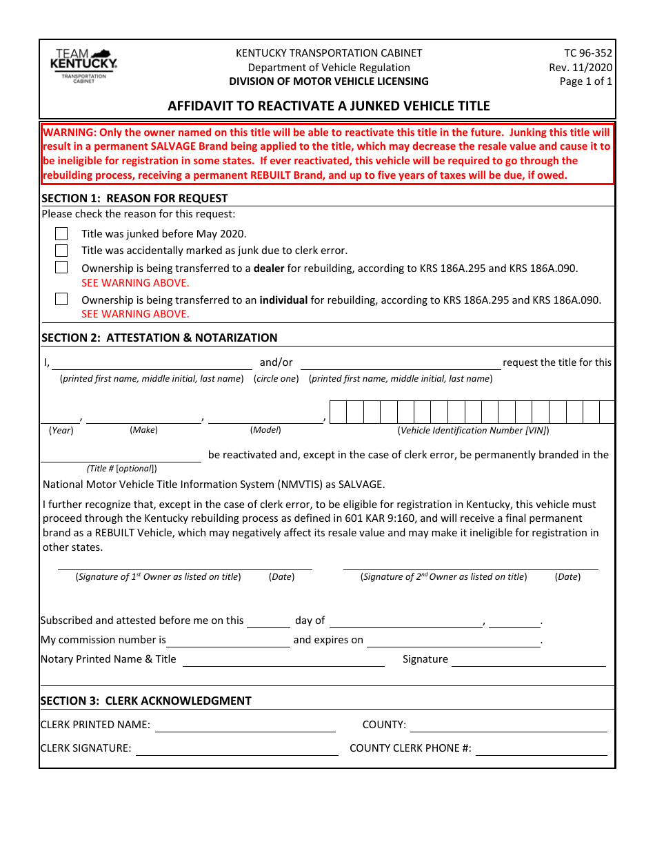 Form TC96-352 Affidavit to Reactivate a Junked Vehicle Title - Kentucky, Page 1
