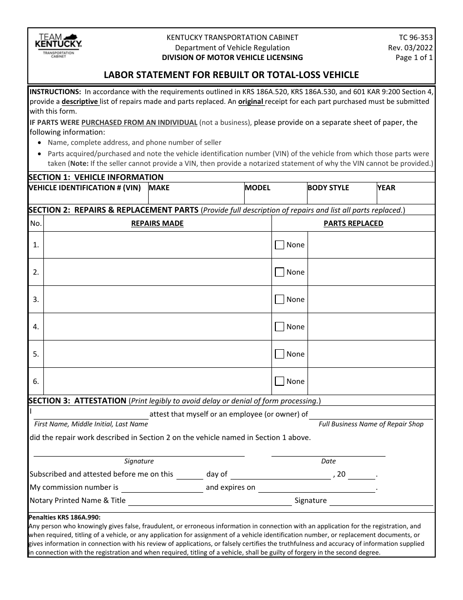 Form TC96-353 Labor Statement for Rebuilt or Total-Loss Vehicle - Kentucky, Page 1
