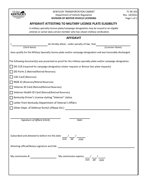 Form TC96-355 Affidavit Attesting to Military License Plate Eligibility - Kentucky
