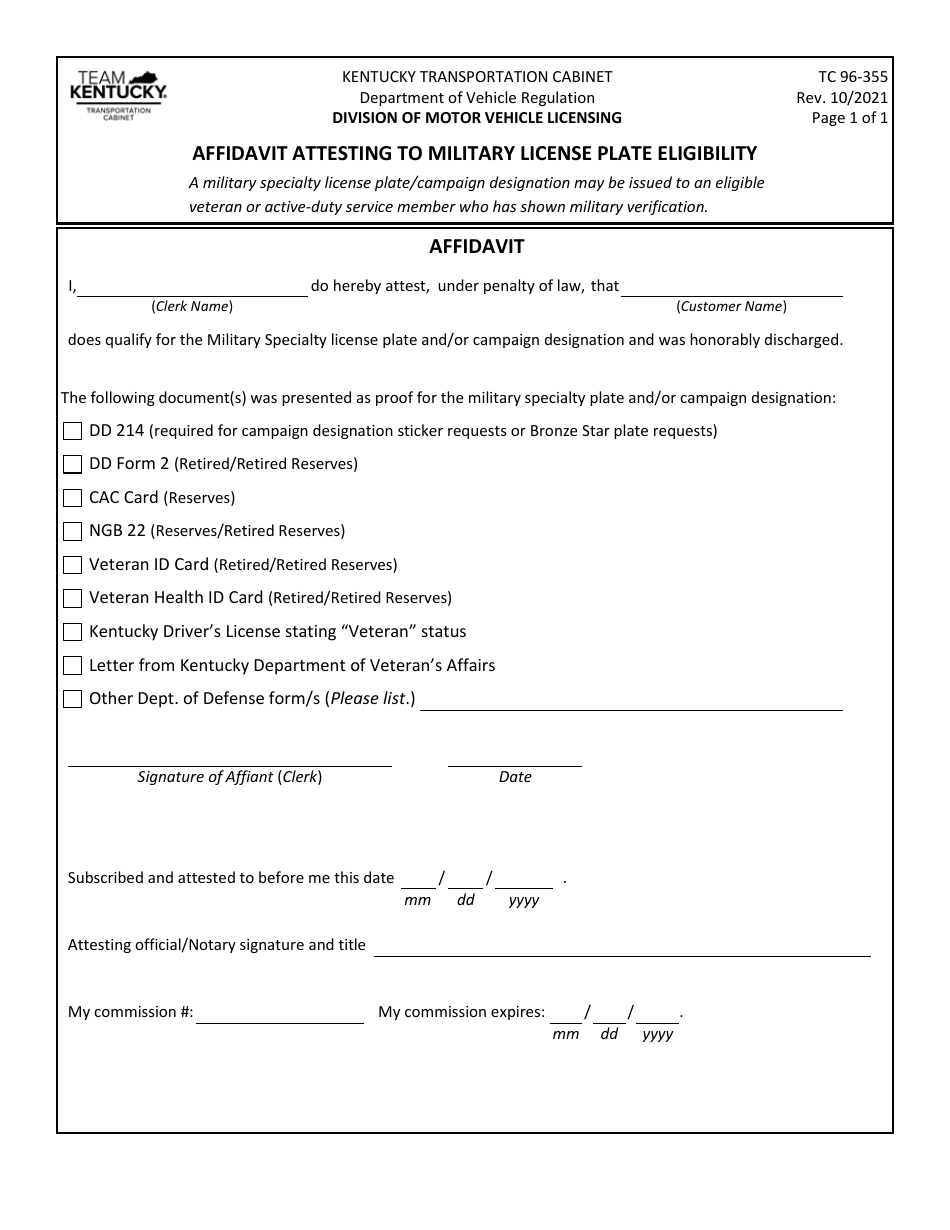 Form TC96-355 Affidavit Attesting to Military License Plate Eligibility - Kentucky, Page 1