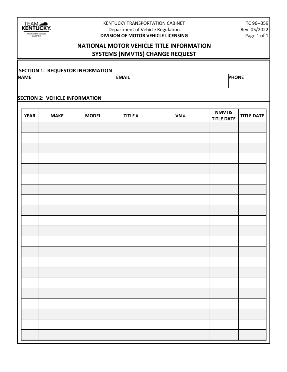 Form TC96-359 National Motor Vehicle Title Information Systems (Nmvtis) Change Request - Kentucky, Page 1