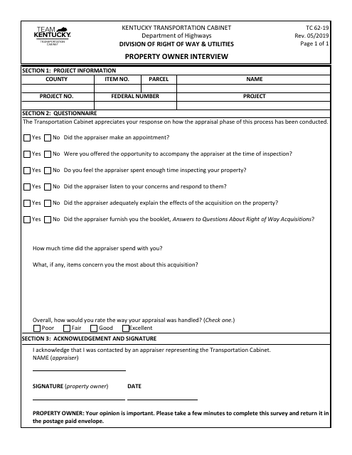 Form TC62-19 Property Owner Interview - Kentucky