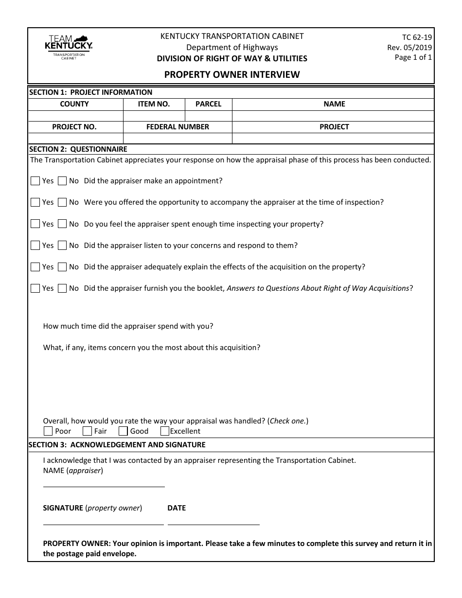 Form TC62-19 Property Owner Interview - Kentucky, Page 1