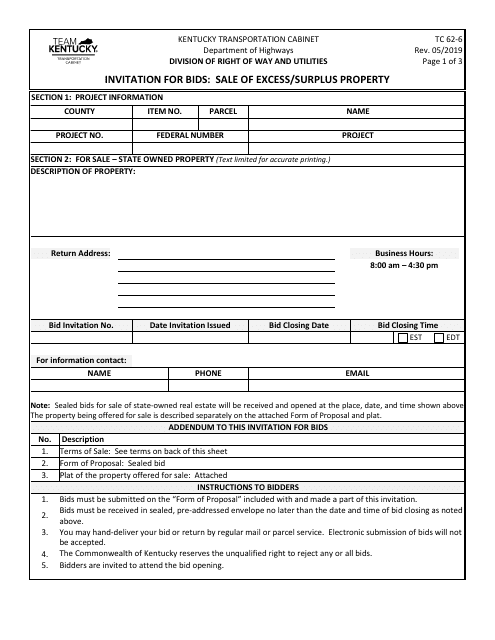 Form TC62-6 Invitation for Bids: Sale of Excess/Surplus Property - Kentucky